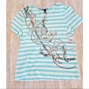 Karen Scott XL Aqua Blue and White Stripe Embellished Coastal Beach Top